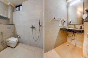 two pictures of a bathroom with a shower and a toilet at Townhouse Oak Pacify Hills in Dehradun +58 photos