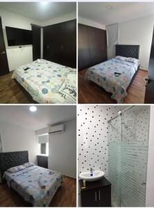 four pictures of a bedroom with a bed and a shower at 3 habitaciones 2 Aires Central in Cúcuta