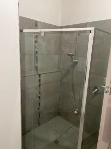 una ducha con puerta de cristal en un baño en sj hostel, en Legana