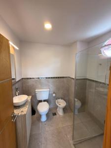 a bathroom with a toilet and a sink and a shower at Hotel Playas De Oro in Villa Carlos Paz