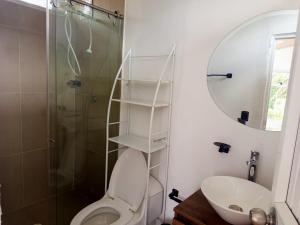 Un baño con inodoro, lavabo y espejo. en Cabaña Colibrí Silvania Cundinamarca, en Silvania