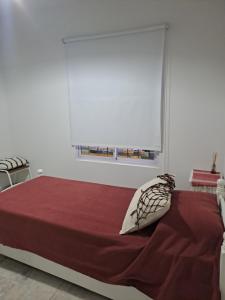 een slaapkamer met een bed met een rode deken en een raam bij Casa de Andres in Ataliva Roca