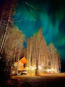 a car parked next to a forest of trees at night at Riverfront, Authentic, Luxury Log Cabin-Black Bear in Wasilla