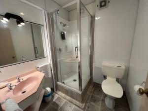 a bathroom with a shower and a toilet and a sink at Karaka Tree Motel in Taupo +16 photos