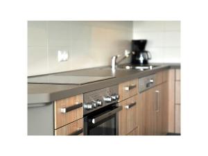 Stadelwohung Comfortable holiday residence في Argenbühl: مطبخ مع حوض وموقد