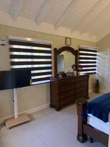 a bedroom with a tv and a dresser and a mirror at Sweet Oasis in Mammee Bay