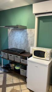 モンフランカンにあるGîte Studio "La Cambra dé Monflanquin" Studio Cottageの冷蔵庫の上に電子レンジがあるキッチン