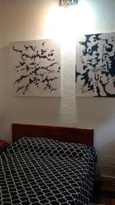 Centro de rio في ريو سيبالوس: غرفة نوم بها لوحتين على الحائط وسرير