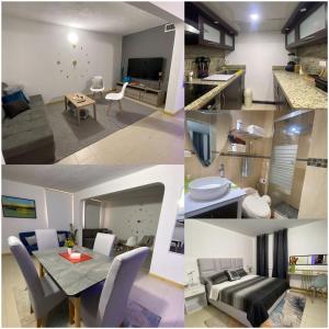 El Morto de BarcelonaにあるApartamento acogedor en lecheríaのキッチンとリビングルームの写真のコラージュ