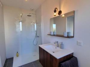 Un baño con lavabo y ducha con espejo. en Gîte spacieux 12 pers à Saint-Germain-Laval - Confort et charme - FR-1-496-378, en Saint-Germain-Laval 28 fotos más