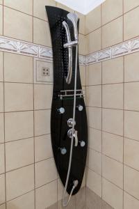 a shower in a bathroom with a shower head at Romanos Beach Villas in Romanu