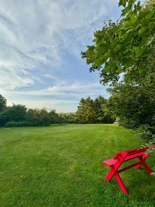a red picnic table sitting in a grass field at Idyllic Country House Overlooking Svanninge Hills in Millinge
