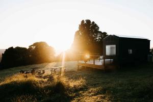 a cabin in a field with the sun setting at Tiny Oscar in Robertson +6 photos