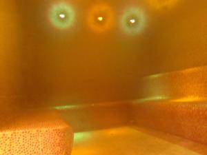 EXIGEHOME-Large houseboat with spa near Paris في سان-كلو: مقعد في غرفة مع أضواء على الحائط