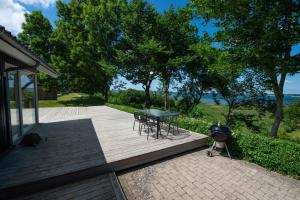 a picnic table and a grill on a patio at Cottage With Panoramic View Of Lammefjorden in Holbæk