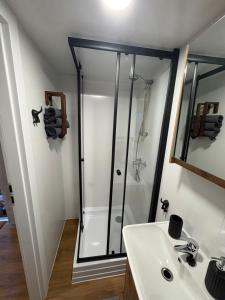 a bathroom with a shower and a white sink at KE-Tiny- Siedlung Haus Paulchen in Oerlenbach +39 photos