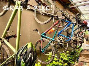 a group of bikes are hanging on a wall at Whispering Hills in Perean
