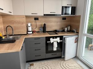 a kitchen with a sink and a stove top oven at T&H center Sliven in Sliven