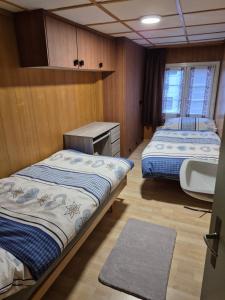 ein kleines Zimmer mit zwei Betten und einem Waschbecken in der Unterkunft Chez Berni in Andermatt
