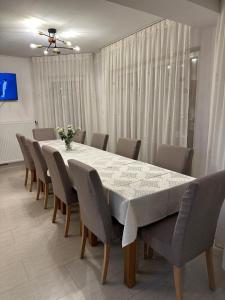 Un comedor con una mesa larga y sillas. en Casa Anna, en Borşa