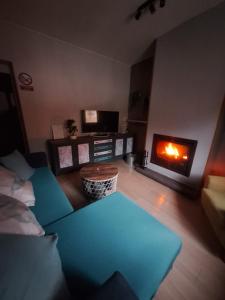 Una sala de estar con un sofá y una chimenea. en Casa cerca de el Barco de Ávila, Piedrahíta y La Covatilla Casa cruce de los molinos, en La Aldehuela 43 fotos más