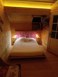 a bedroom with a bed in a wooden cabin at Chambre Tarentaise chez les garçons in Saint-Paul-sur-Yenne