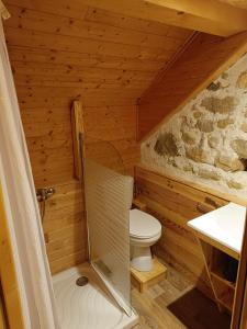 a bathroom in a log cabin with a toilet and a sink at Chambre Tarentaise chez les garçons in Saint-Paul-sur-Yenne