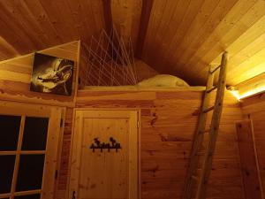 an inside view of a wooden cabin with a bunk bed at Chambre Tarentaise chez les garçons in Saint-Paul-sur-Yenne