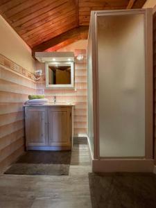 a bathroom with a sink and a mirror at Chambre Saumon, La Prairie in Pourcharesse