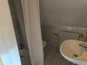 a bathroom with a sink and a toilet at Schwanensee App 04 in Göhren
