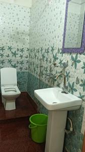 a bathroom with a sink and a toilet at Trishan Hotel in Dhupguri +8 photos