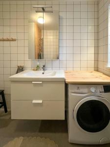 Architect-Designed Cabin With Lake View In Hindås في Hindås: حمام مع مغسلة وغسالة ملابس