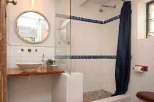 a bathroom with a shower with a sink and a mirror at Finchlea Cottage in Stanford