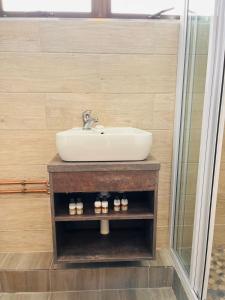 a bathroom with a white sink on a wooden shelf at The Duckpond Inn in Fraser +75 photos