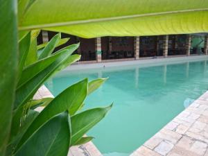 a swimming pool with blue water in a building at Meotel Purwokerto in Purwokerto