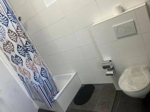a small bathroom with a toilet and a towel at Hotel RI in Esslingen +9 photos