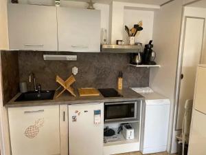 een kleine keuken met een koelkast en een magnetron bij Maison confortable avec terrasse à Courseulles-sur-Mer in Courseulles-sur-Mer +15 foto's