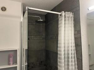 een douche met een douchegordijn in de badkamer bij Maison confortable avec terrasse à Courseulles-sur-Mer in Courseulles-sur-Mer