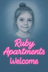 Ruby's Apartments Platamonas في بلاتامون: لافتة مكتوب عليها "مرحبًا بالوكلاء" مع فتاة صغيرة