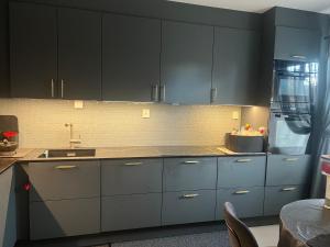 a kitchen with gray cabinets and a sink at Gamle bygdevei 198b in Oslo