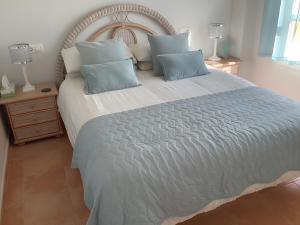 een slaapkamer met een groot bed met blauwe kussens bij Los Almendros in Vera