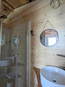 a bathroom with a tub and a sink and a mirror at "La cabane", la roseraie de Zoubiroux in Saint-Geneys-près-Saint-Paulien