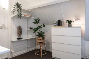 Budget Private Room Near Zoutelande Beach في زوتلاند: غرفة بها رفوف بيضاء وكرسي مع نبات