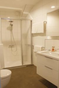 een badkamer met een douche, een toilet en een wastafel bij Ferienwohnung Seetalblick in Geiselberg