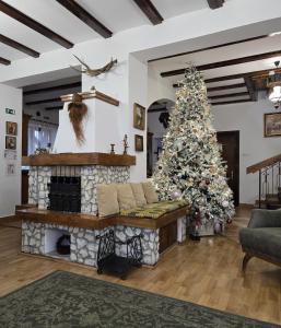 una sala de estar con un árbol de Navidad y una chimenea en DRUMUL DOMNISORILOR c, en Buşteni