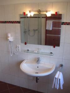 a bathroom with a sink and a shower and a mirror at Hotel-Café "Schauinsland" in Horn-Bad Meinberg +44 photos