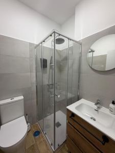 a bathroom with a shower and a toilet and a sink at Hostal Alcorcón in Alcorcón