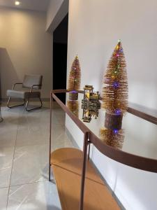 two christmas trees on a table in a room at Hotel Matinha in Campinorte +11 photos