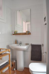 a bathroom with a sink and a toilet and a mirror at Minimal Apartamentos in Tudela