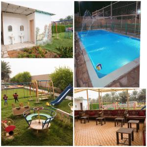 a collage of pictures of a pool and a playground at مزرعة أبو رامي ملعب كرة قدم ومسبح وألعاب مائية ومجالس واسعة in Al Kharj